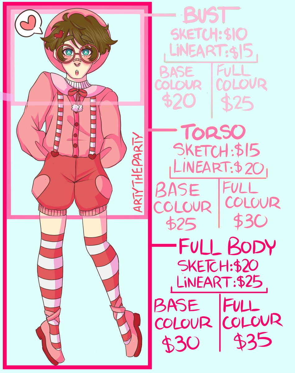 artythepartyy's tweet photo. hold on i didn't even post that my comms were open that's embarrassing
anyways, i can draw: humans, furries, nsfw (no proshit or gore), additional characters will cost $5 extra ^.^
prices are in cad and i accept paypal or e-transfer (for close friends in canada only) :0] https://t.co/wtuRGgHLkt