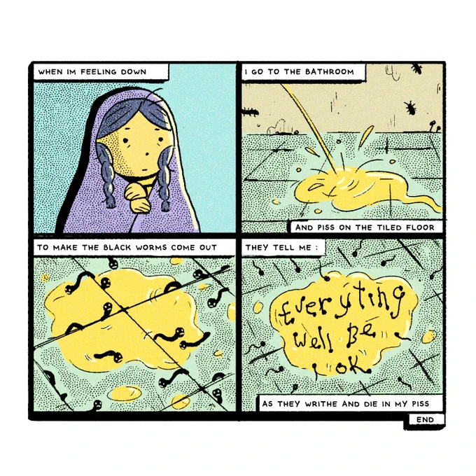 1/3 Rejected (by me) comic strip for my upcoming comic, Perry Dahlia, which is a series of comic strips about a recluse and all the weird and surreal shit happening inside her house. It also won the CABF micro grant! 