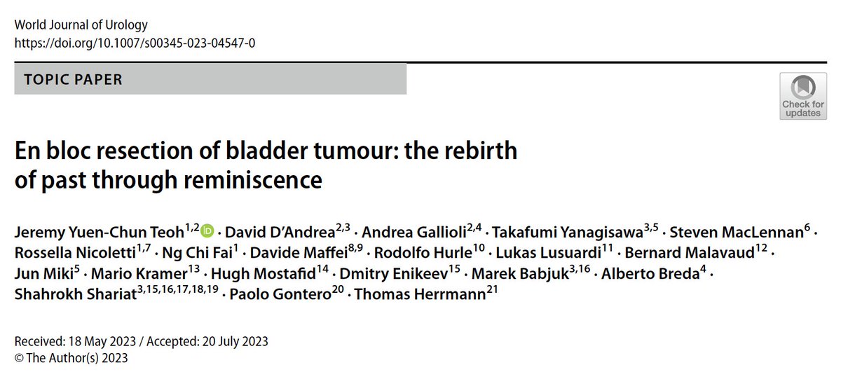 What a great pleasure to have a prestigious panel of authors and pioneers in the field, to contribute this important paper to @wjurol, about the history and development as well as the future directions of en bloc resection of bladder tumour. #EBRT #UroSoMe (1/n)