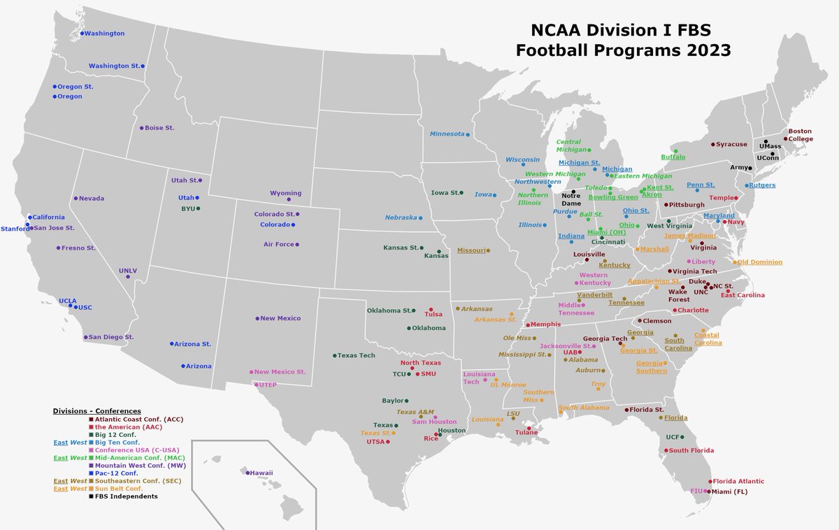 dmat909's tweet photo. The new conferences don’t make sense anymore, so my friends and I realigned all 133 FBS schools into conferences aligned by geography and rivalries. Thread of the results 🧵 https://t.co/pRe3YOWlVt