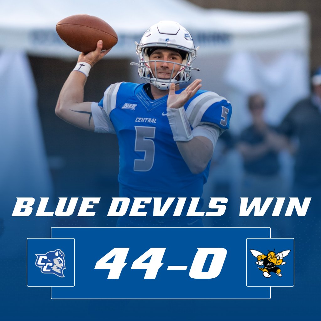 Convincing opening day win for <a href="/CCSUfootball/">CCSU FOOTBALL</a> 

🏈Duell 235 yards passing, 2TD
🏈Johnson 6 catches, 80 yards
🏈Wright 8 tackles, 1.5 TFL
🏈Thomas 80 yards, 1 TD
🏈Defense records 7 PBU
📰tinyurl.com/5c8xb5da
📈tinyurl.com/4smthm27

#GoBlueDevils | #NECFB