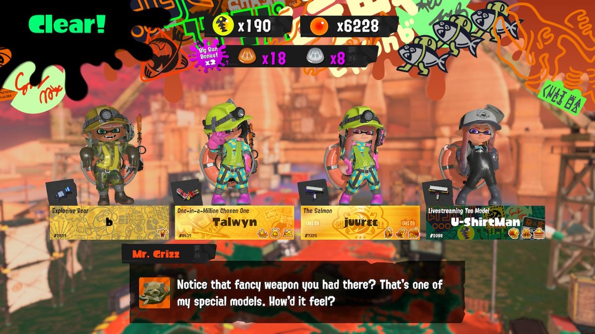 Talwyn7's tweet image. Shoutout to @UndershirtM @balajeet_ and @juucee_ for carrying me to 190 (and thanks Juuree for the screenshot when I forgot) #BigRun #Splatoon3