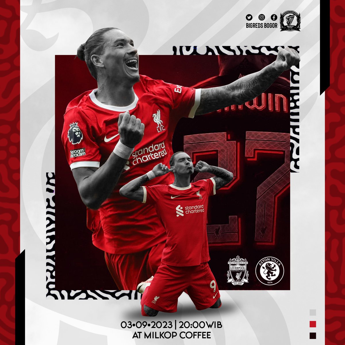 Lets go Darwin Nunez 
Liverpool vs Aston Villa 
Minggu, 03 Sep 2023
At milkop Coffe. 
Htm 15 k
CP Dwiki : 0896-2107-6083