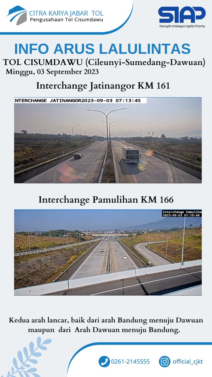 OfficialCKJT's tweet photo. 09:10WIB #Tol_Cisumdawu Cileunyi–Jatinangor–Pamulihan-Sumedang-Cimalaka-Cisumdawu Utama, Dan Arah Sebaliknya Ramai Lancar Kedua Arah Dengan Cuaca Cerah Tetap Hati-Hati Bagi Pengendara, Jaga Batas Kecepatan Maximum &amp; Minimum Jaga Jarak Kendaraan Serta Gunakan Sabuk Keselamatan https://t.co/cwoKHHkPun