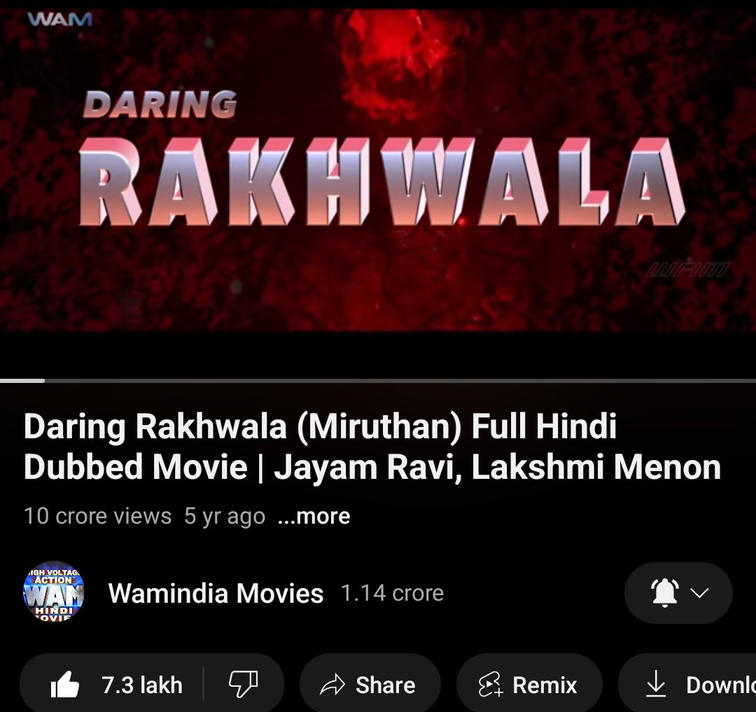 #DaringRakhwala (#Miruthan Hindi Dub) Hits 100M Views & 730K+ Likes On YouTube 💥 ▶️youtu.be/amkaARuFPus @actor_jayamravi @ShaktiRajan @JRFanaticss #LakshmiMenon @globalinpl @immancomposer @editorvencut @Venkatesh7888 @Anikhaofficial_ @kaaliactor @rameshlaus @proyuvraaj