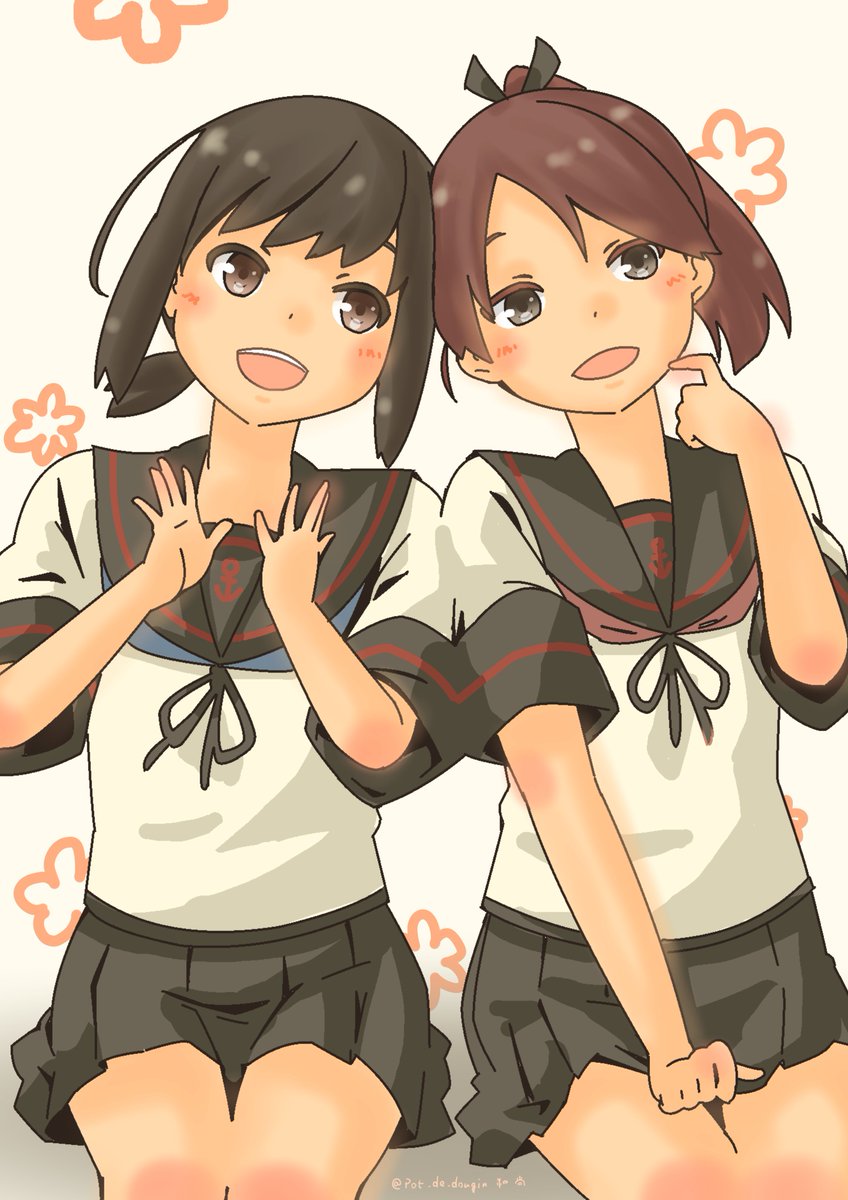 fubuki (kancolle) multiple girls 2girls school uniform skirt brown hair serafuku sailor collar  illustration images