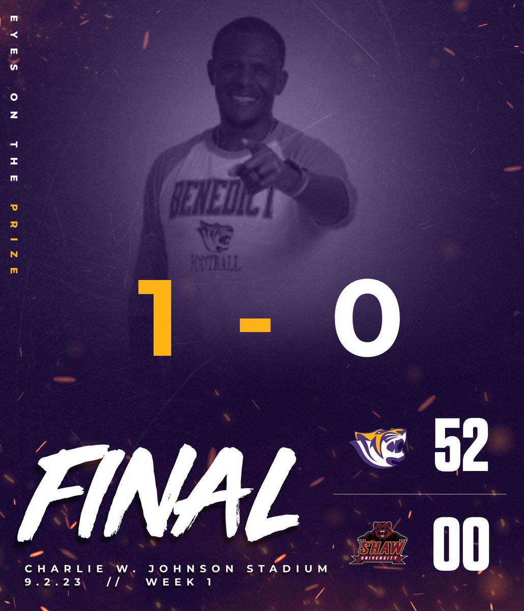 Go Tigers!

1-0! God gets the glory!

#EyesonthePRIZE #CWCW #DigDeep #ColaBuilt #PayTheFEE #RARE

<a href="/benedict_tigers/">BC Tigers Athletics</a> <a href="/BenedictEDU/">Benedict College</a> <a href="/TigersComply/">BenedictCompliance</a> @BC_Equipment_ <a href="/BCFilmCrew/">Benedict College Football Film 💜💛🎥</a> <a href="/HBCUGameday/">HBCU Gameday</a> <a href="/HBCUDigital/">HBCU Digital Network</a> <a href="/HBCUSports1/">HBCU Premier Sports & More</a> <a href="/HBCU_Plus/">HBCU+</a>