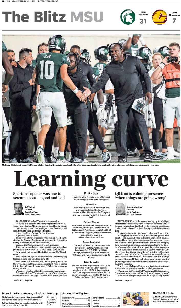 It's college football season again, which means 24 pages of <a href="/freepsports/">Freep Sports</a> action for Sunday, including a main section on the Lions, of course, and coverage of the Wolverines and Spartans from <a href="/RealTonyGarcia/">Tony Garcia | Detroit Free Press</a>, <a href="/junfuphoto/">Junfu Han</a>, <a href="/shawnwindsor/">Shawn Windsor</a>, <a href="/RainerSabin/">Rainer Sabin</a>, <a href="/seideljeff/">Jeff Seidel</a> and many more ...