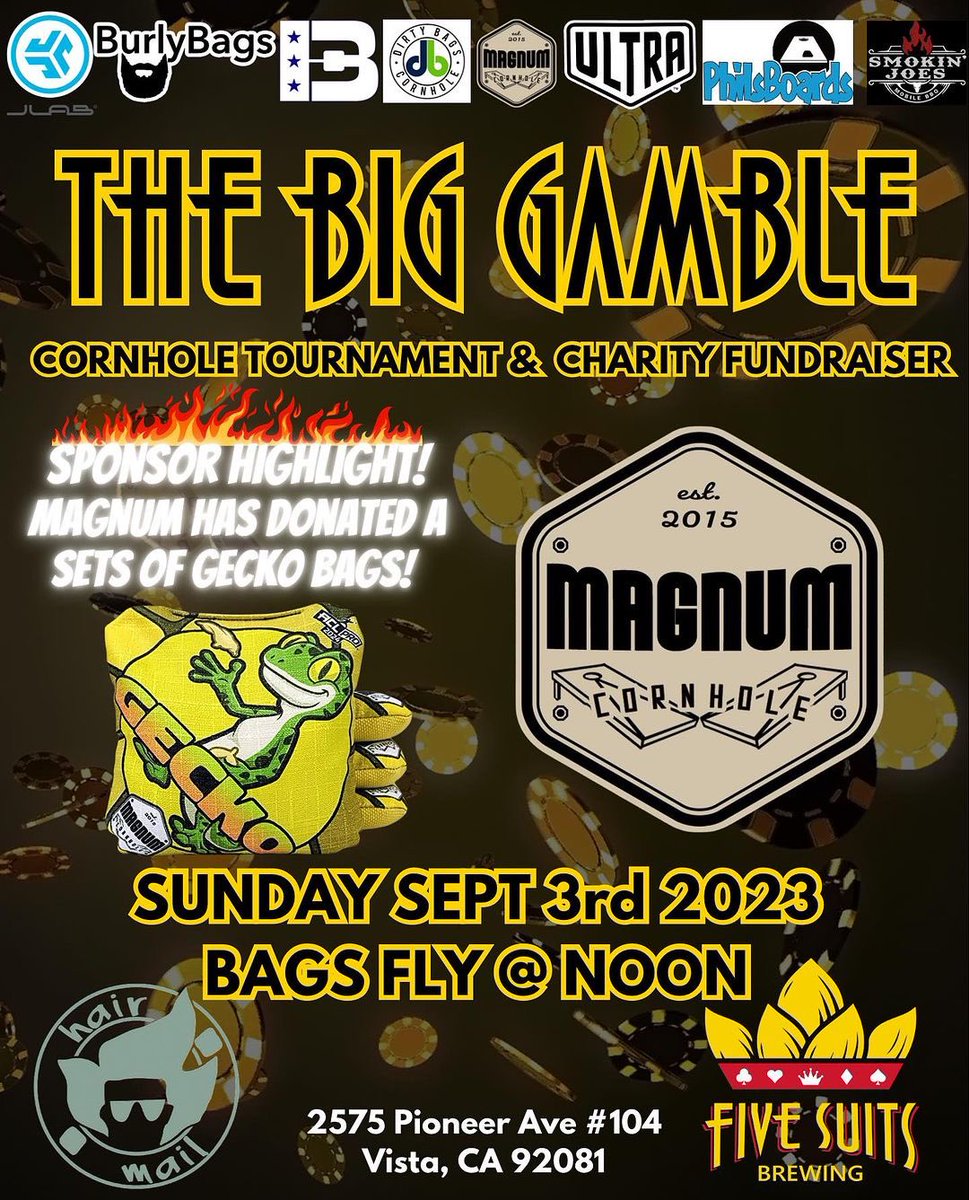 fivesuitsbrew's tweet photo. THIS SUNDAY! The Big Gamble Cornhole Tournament and Fundraiser! Register now before we’re full. Today’s sponsor highlight is @jlabaudio with two new Bluetooth audio devices! Adding to an already stacked prize pool, we’ve also received $400 in cash to add the the cash pool…. https://t.co/JBYpTTy5qo