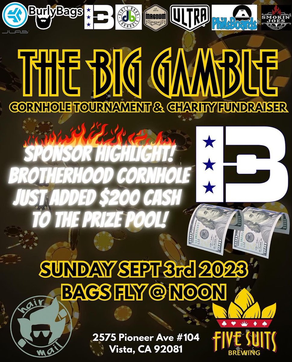fivesuitsbrew's tweet photo. THIS SUNDAY! The Big Gamble Cornhole Tournament and Fundraiser! Register now before we’re full. Today’s sponsor highlight is @jlabaudio with two new Bluetooth audio devices! Adding to an already stacked prize pool, we’ve also received $400 in cash to add the the cash pool…. https://t.co/JBYpTTy5qo