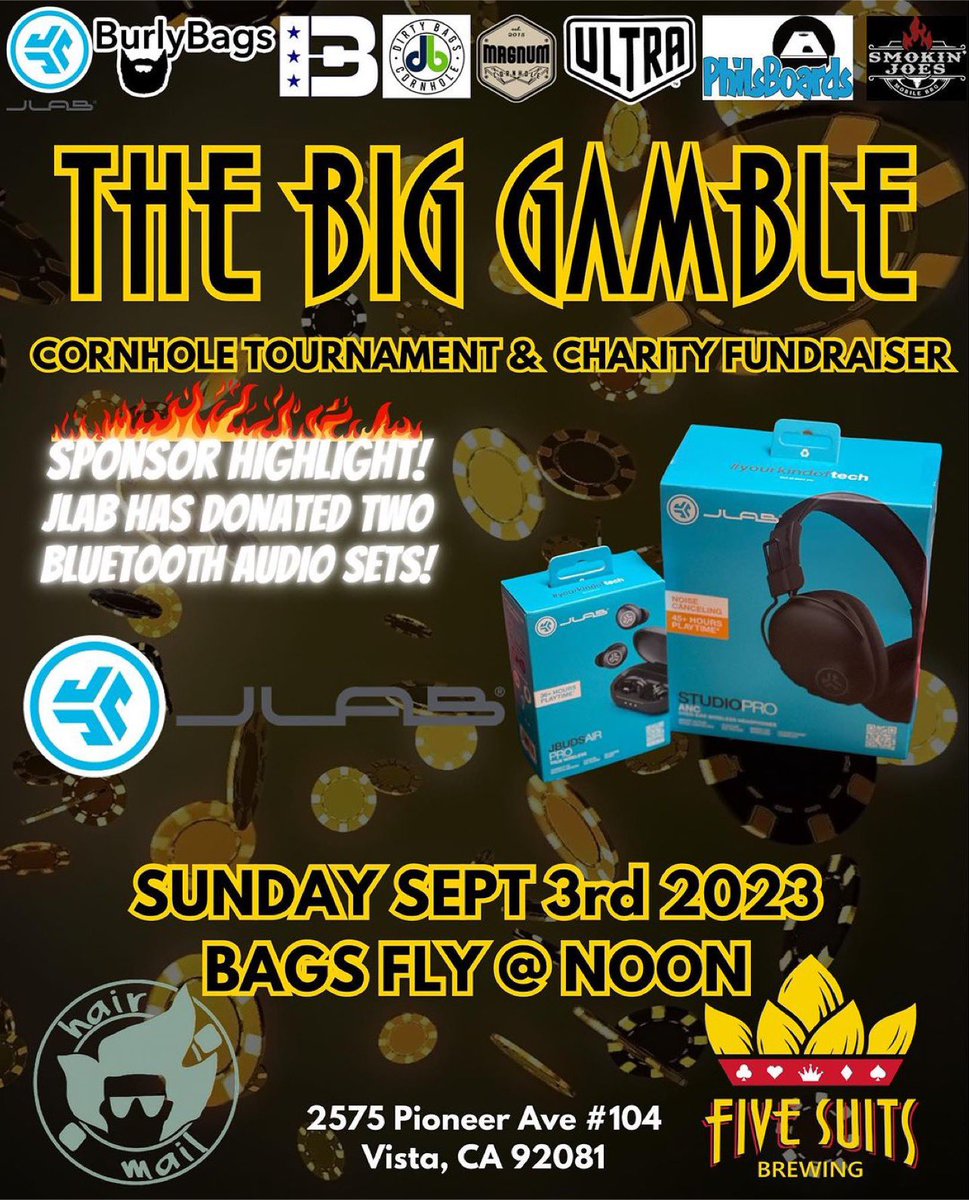 fivesuitsbrew's tweet photo. THIS SUNDAY! The Big Gamble Cornhole Tournament and Fundraiser! Register now before we’re full. Today’s sponsor highlight is @jlabaudio with two new Bluetooth audio devices! Adding to an already stacked prize pool, we’ve also received $400 in cash to add the the cash pool…. https://t.co/JBYpTTy5qo