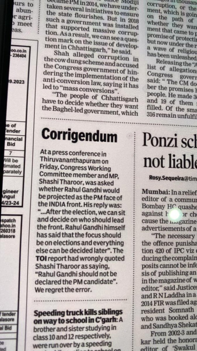 The @timesofindia has “regretted its error” of yesterday, but buried their correction on page 18 of the Delhi edition, where it is unlikely to get a fraction of the attention generated by their false headline of yesterday. Still, a moral victory for truth. #FakeNews…