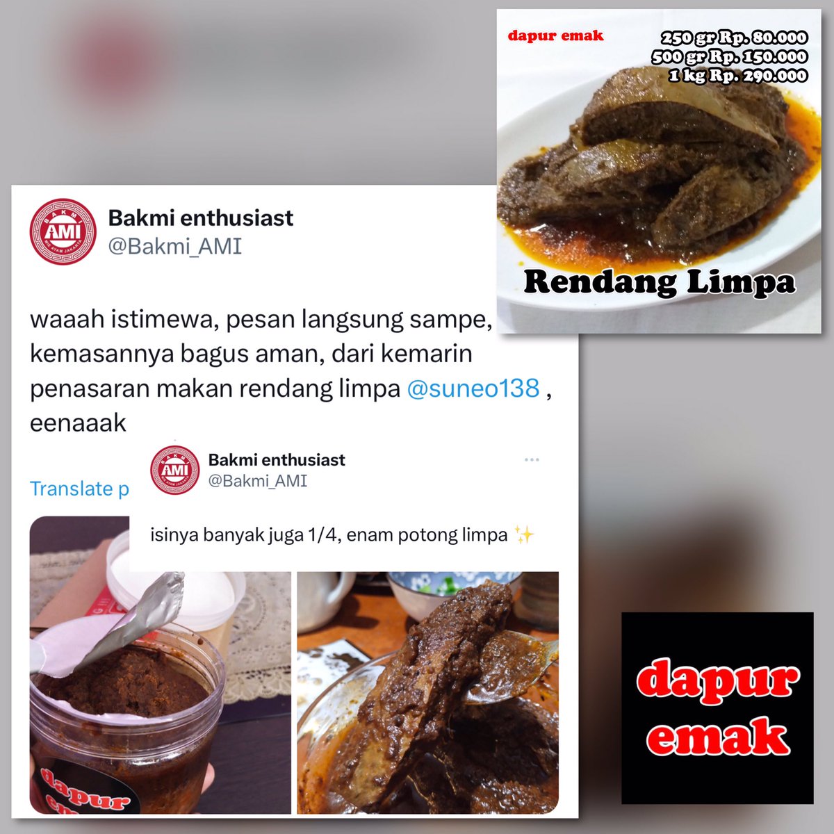 suneo138's tweet photo. GA yuuuk....

3 org yg beruntung mendapat
Rendang Limpa Sapi

🌶 follow @suneo138 

🧄 doain emak dan dapur emak
🧄 dikirim kemana?

🍅 repost &amp; like link ini ama link yg diquote
🍅 ajakin temen2 nya

🍋 free ongkir
🍋 end besok

Semoga beruntung ❤️❤️ https://t.co/mIxADoqhcU