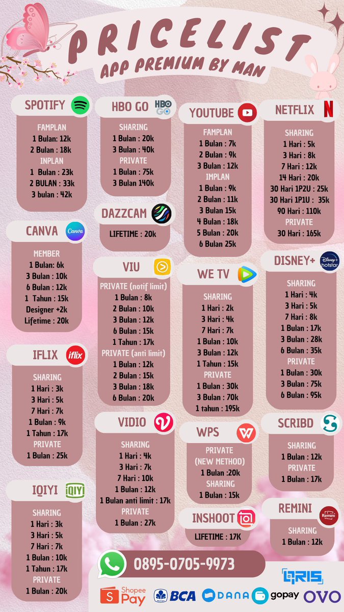 manapp_prem's tweet photo. halo aku open via twt lgiii, aku jual app premium, bole liat pl nya duluu. ada netflix, yt prem, wetv, spotify, zoom prem, viu, vidio, disney+, scribd, canva dll

❗️Murah
❗️Trusted 100%
❗️Ramah

🌸 for fastresp ke wa https://t.co/e02jd18yaq 🌸

#zonauang #apppremium #zonajajan https://t.co/M3u8gEjl6J