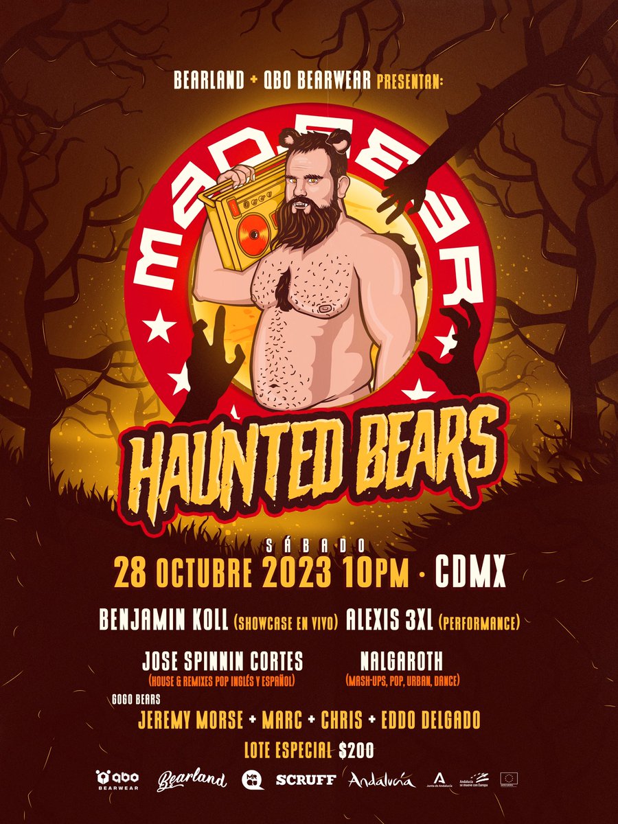 qbobears's tweet photo. .@BearlandMx y #QboBearwear
Presentan:
HAUNTED BEARS 🐻👻 MAD BEAR
Sab. 28 Oct
Line Up
@BenjaminKoll
@nalgaroth
@Alexis3XL (Performance)
@djjosespinnin
Rugiendo con fuerza a la luz de la luna #Woof 🌕
#BearlandMx #MadBearSpain #BearEvent #OsosMexico #BearGay #Halloween https://t.co/ml5DxjjUEJ