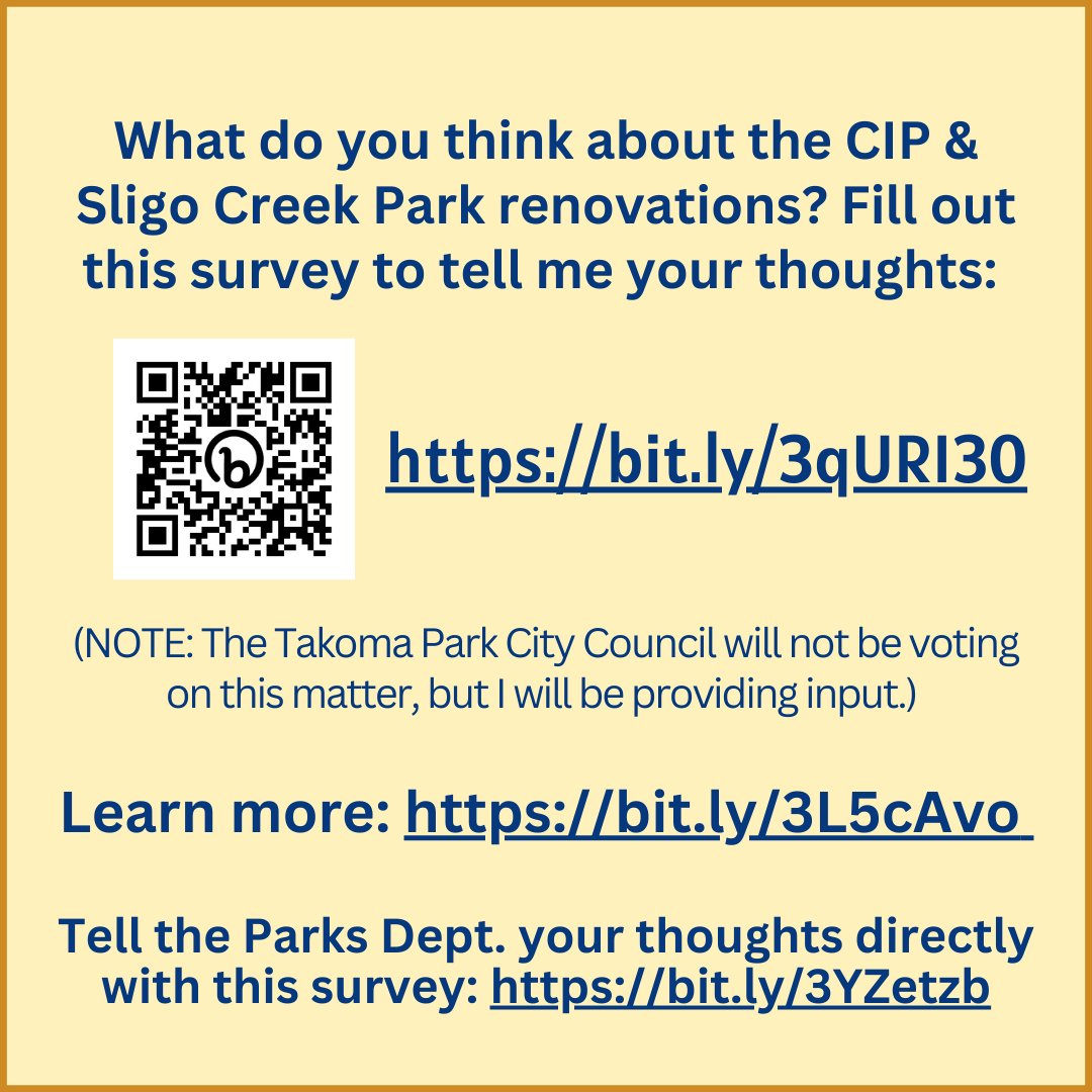 CMHonzak's tweet photo. REMINDER! @MontgomeryParks is seeking public input for its new Capital Improvements Project, which could include renovations to our Sligo Creek Park! Tell me your thoughts w/ this survey by TONIGHT, 9/2: https://t.co/mffIu0WPzh

Read my full update: https://t.co/V9MAWgeD8w https://t.co/rvO6qejIxB