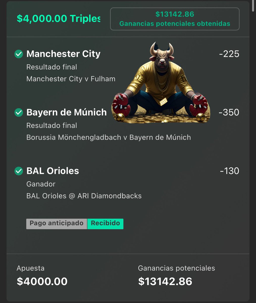 Furiapicks's tweet photo. Vamos carajo ✅
Verde nuestro STAKE FURIOSO con momio positivo 
Gracias por adquirirlo 
Vamos por otro mañana, manden su DM 
#brunardo #famemma19 #TrenMaya #ManchesterCity #BayernMunich #PremiereLeague #MLB #orioles https://t.co/LrhUQOpMmo