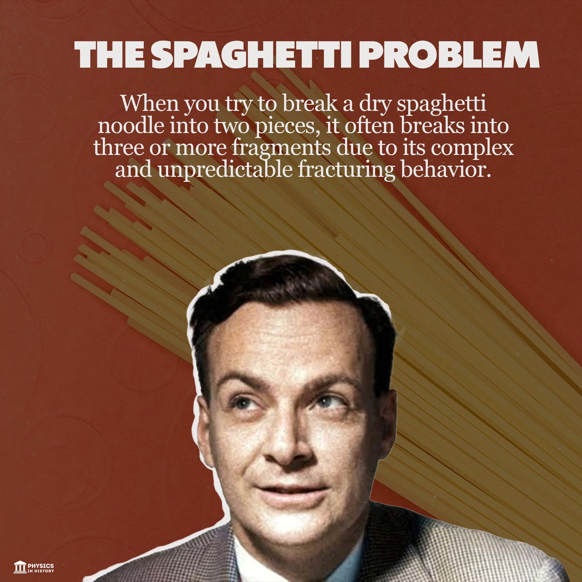 PhysInHistory's tweet photo. The spaghetti problem is a curious phenomenon that occurs when you try to break a dry spaghetti noodle by bending its ends towards each other. Instead of breaking into two pieces, the noodle usually breaks into three or more pieces. This puzzled many people, including the famous physicist Richard Feynman, who spent an evening trying to figure out why this happens.

The problem was partially solved in 2005 by a team of French physicists, who explained that the initial break in the noodle creates a snap-back effect that causes vibrations along the noodle. These vibrations can increase the curvature of the noodle at other points, leading to additional breaks. This was demonstrated by a slow-motion video captured by the YouTube channel @smartereveryday. 

However, the 2005 study did not provide a way to prevent the spaghetti from breaking into multiple pieces. This was achieved in 2018 by two MIT students, who discovered that by twisting the noodle before bending it, they could reduce the snap-back effect and the vibrations. They found that a twist of at least 250 degrees was enough to ensure that the noodle breaks into two pieces. This was also verified by experiments and computer simulations.

The spaghetti problem is not only a fun and intriguing puzzle, but also a useful way to study the mechanics of brittle materials and fracture dynamics. It may have applications in engineering, medicine, and nanotechnology.
