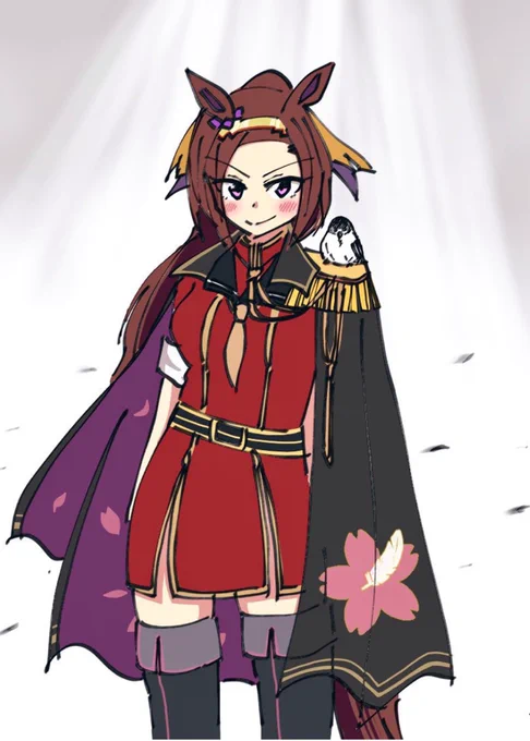 身につけるウマ娘に特別な力を与える"勝負服"。
その一部が欠けるだけでも、勝負服の権能はほとんど無くなる解釈です。

孫に勝負服の権能託してからは、既に性能ガタ落ちですが
🌸「落ち着かないのでこれで代用しましょう!」
って効果のないボロマント着てます。

でも強い。引退しても最強推し。 