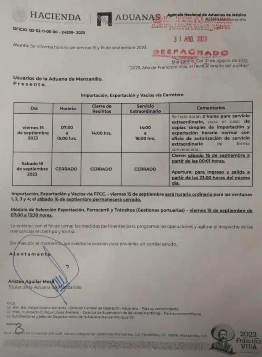 logyasa's tweet image. Horarios de aduana #Manzanillo para los días 15 y 16 de septiembre.