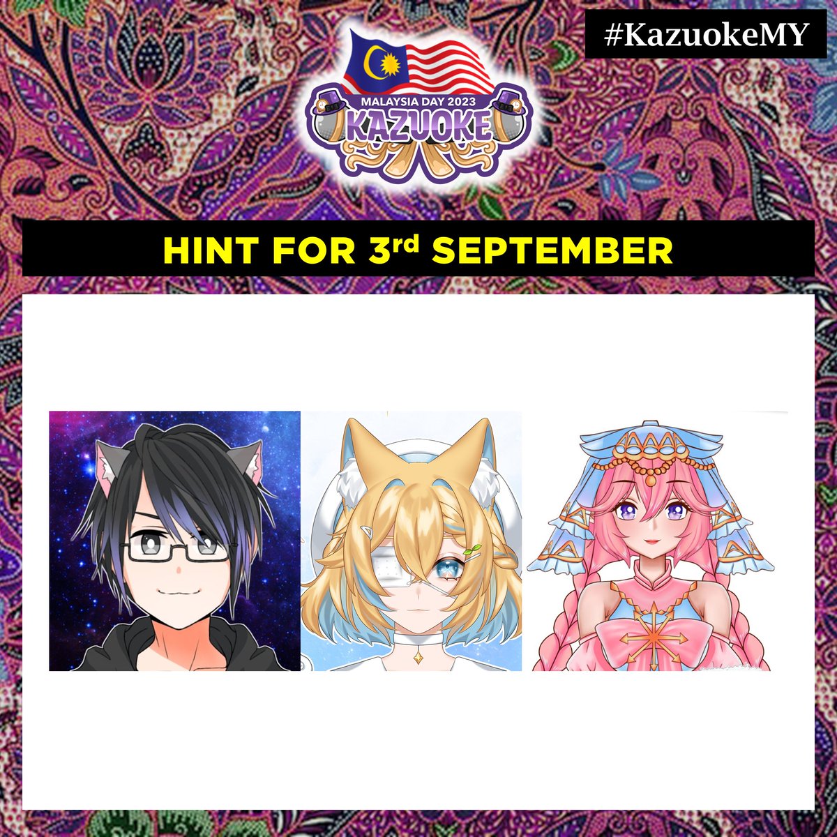AmemotoKazumi's tweet photo. Inspired by @/zikryzero's AMG countdown hints, I decided to do some hints for my Malaysia Day karaoke countdown as well! 😆

Can you guess the song for tonight? ✨
If you know who these 3 are, this should be easy 💜

#MYVT #KazuokeMY https://t.co/KDr1i08elk