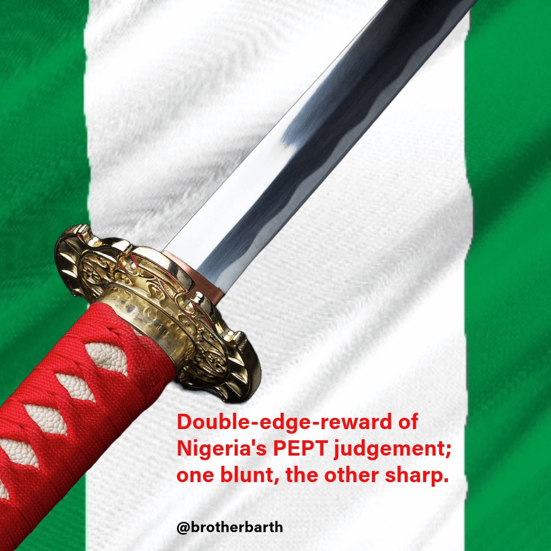 brotherbarth's tweet photo. Double-edge-reward of Nigeria's PEPT judgement; one blunt, the other sharp.

1. Every action brings an effect. There is no escaping of it.

2. Nigeria politicians particularly those less concerned about good governance focus on getting majority votes from the poor and the uninformed of the society who they can easily deceive and buy over with a few Naira. This is the reason some politicians say that most of their supporters are not social media. I do not mean that that all who are not on social media are uninformed and/or poor, but that most informed, and people of means in Nigeria are on social media.

3. It is the informed that lead the building of societies and drive the course of development. So, it is a certitude that any candidate in a political contest that receives majority votes from the informed of the society is a better option in terms of qualification, competence, and capacity to deliver. It is the informed of the society has the capacity to identify these qualities, the uninformed don’t.

4. Ordinarily, the winner of an elections is decided by ballot, not the gavel. However, the purpose of the election petition tribunal is not to invalidate the verdict of the ballot, but to extricate using the power of the gavel, evidenced manipulations and rigging that led to the declaration of a wrong candidate as the winner. This is unarguably the reason the CJN advised the tribunal judges to avoid deciding any petition based on technicalities but on their substance.

5. Logically, basing tribunal judgement on technicalities would amount to trashing the intentions expressed in the ballots, thwarting of the will of the people, and making a complete waste of the national resources expended in conducting the elections.

6.  As Nigerians await the judgement of the PEPT, the court of public opinion seem noticeably clear about what the face of justice will look like.

7. Whether the judgement of the PEPT declares an outright winner, or orders a re-run, the ultimate outcome will take the form of a double-edge-reward; one blunt, the other sharp. The blunt edge represents an outcome in line with the will of the people. The impact is easily very predictable. The sharp edge stands for an outcome that is against the will of the people. Being sharp, it will be difficult to predict how deep its cut will run into Nigeria’s flesh and bones.

8. Nigerians are eagerly expecting the honourable justices to exercise the authority of the gavel in validating the will of the people, as expressed on February 25, 2023, barring evidenced manipulations and rigging.

9. It is this eagerness for justice that invigorates Nigerians to be so interested in the proceedings at the Tribunal, hence the #AllEyesOnTheJudiciary campaign.