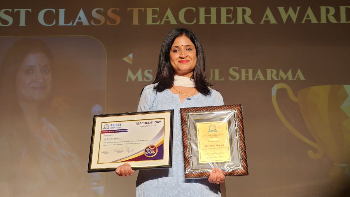 parulshar1984's tweet photo. "Sing we the praises...to Ahlcon do we belong." 
Beaming with gratitude,delight and bliss for receiving the best Class Teacher Award-23. My heartfelt thanks to the school management, @ashokkp @Ahlconpublic1 @seemasoniaps @MamthaSays @aarathik007 @aarathik007 and all my friends. https://t.co/LfVMApilI9