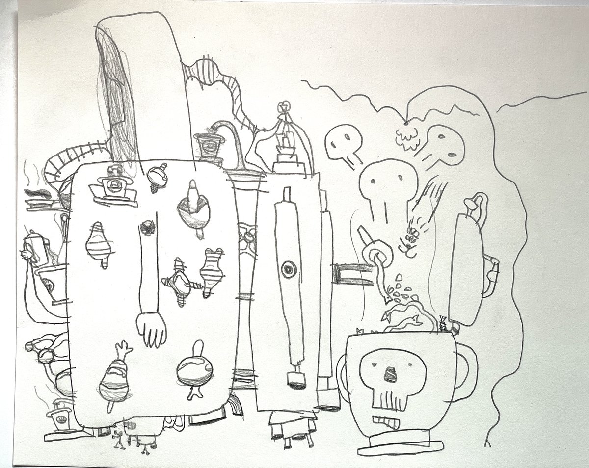 謎進化中の息子の絵。これは飲み物を作るロボット。このままどこまでも自分の世界を描き続けてほしいです✨

#息子画廊 #6歳 https://t.co/Yxu80AcT5g 