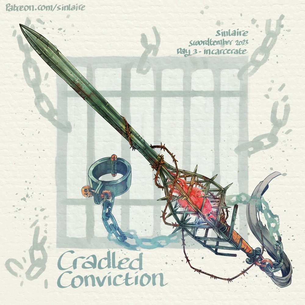 #Swordtember Day 3 - Incarcerate Cradled Conviction weapon forged using materials scavenged from the Yalniz prison fort containing fragment of soul and the remnant of the prisoner's relentless perseverance Hi-res images, stat, and cards available on Patreon #Swordtember2023