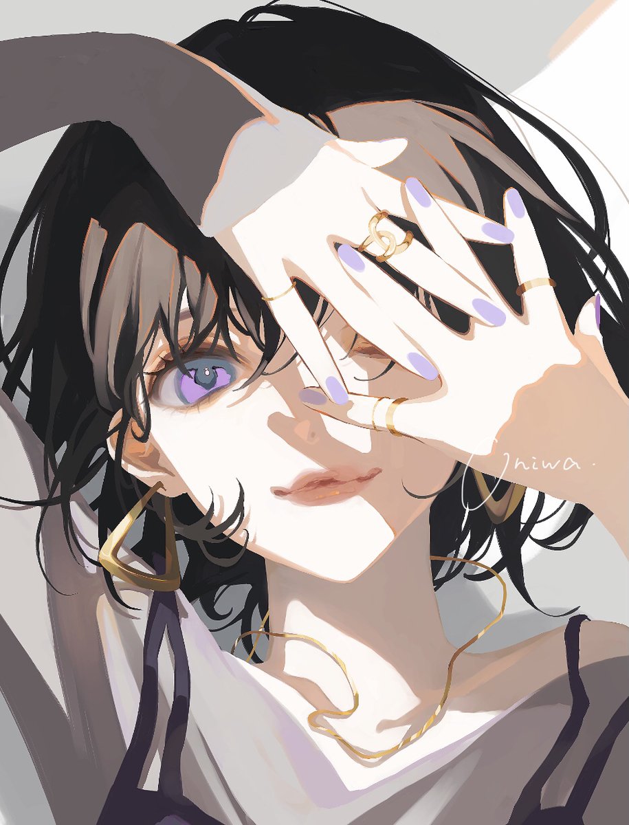 1girl jewelry solo ring purple eyes earrings black hair  illustration images