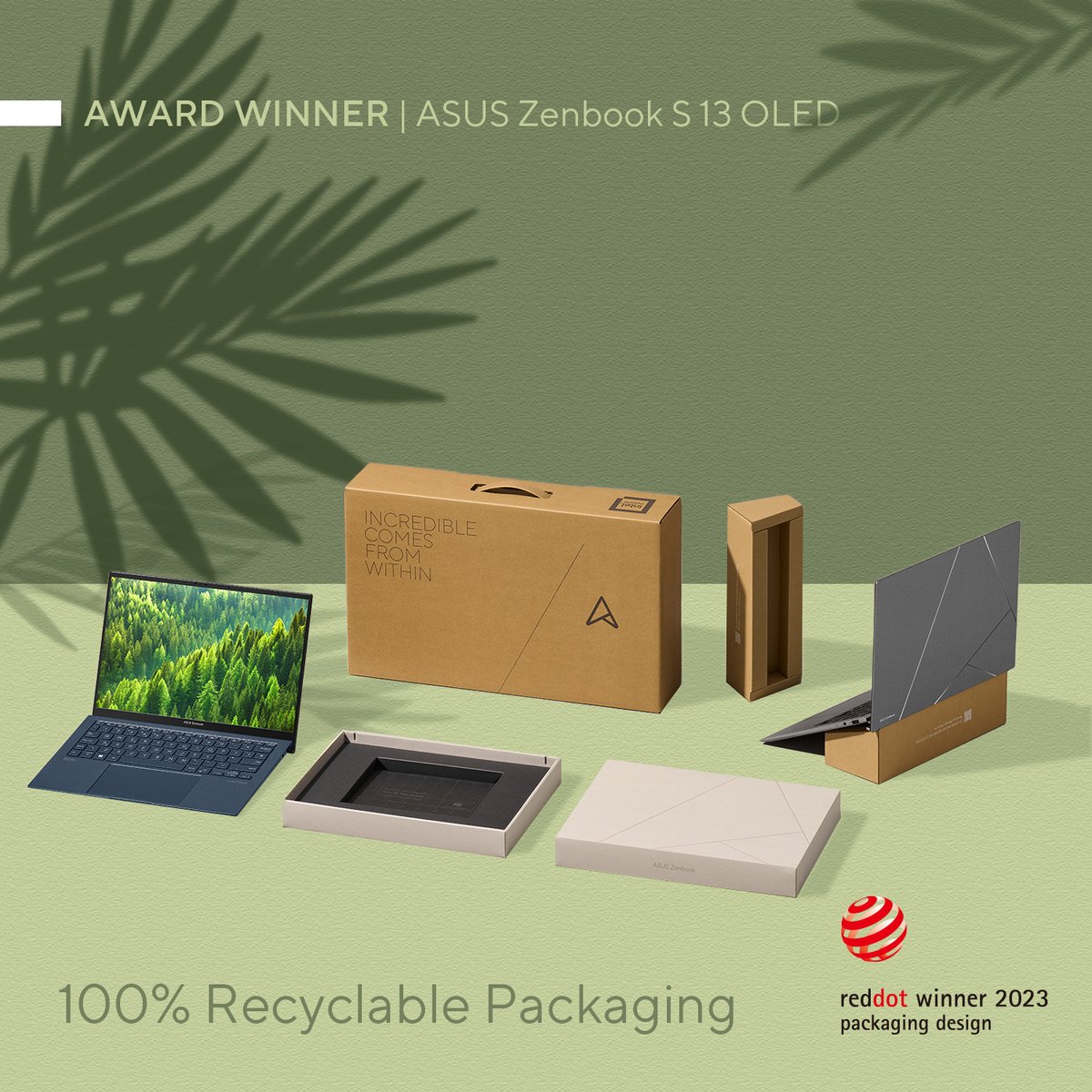 ASUSUK's tweet photo. We're ecstatic to receive the Red Dot Award 2023 for ASUS Zenbook S 13 OLED's packaging design! Our commitment to sustainability is reflected in this innovation, reducing our carbon footprint. 🎉 🤩 #IncredibleComesFromWithin #ASUS #ZenbookS https://t.co/9hQN5Xdmaw