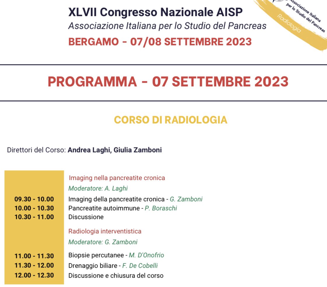 Save the date! Corso di #radiologia al XLVII Congresso Nazionale <a href="/AISP_Pancreas/">AISP</a> 7 settembre a #bergamo <a href="/Andrea_Laghi_MD/">Andrea Laghi MD</a>