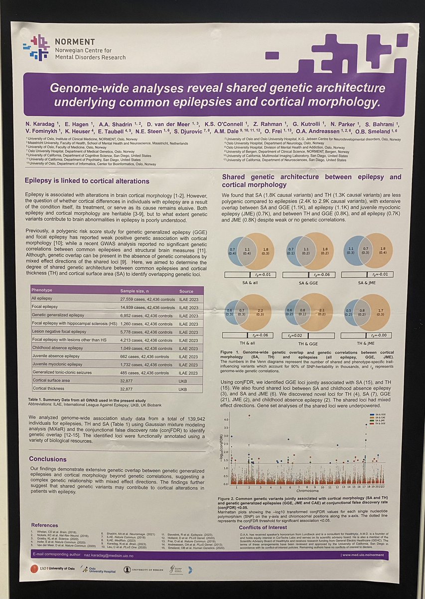 Presenting new study at #IEC2023 on genetics of epilepsies and cortical morphology. Come join my poster session today at 13:30-15:00 (GMT+1) to learn more about it! Poster no: P079 @SFFNORMENT