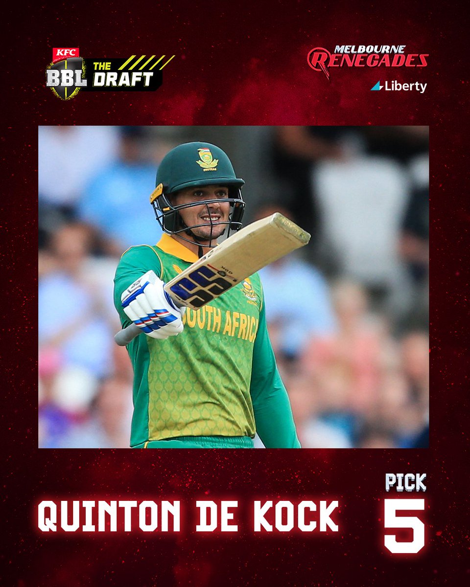 Quinton de Kock is a Renegade 💪

We've selected the 🇿🇦 keeper-batter with Pick 5⃣ in the #BBLDraft!