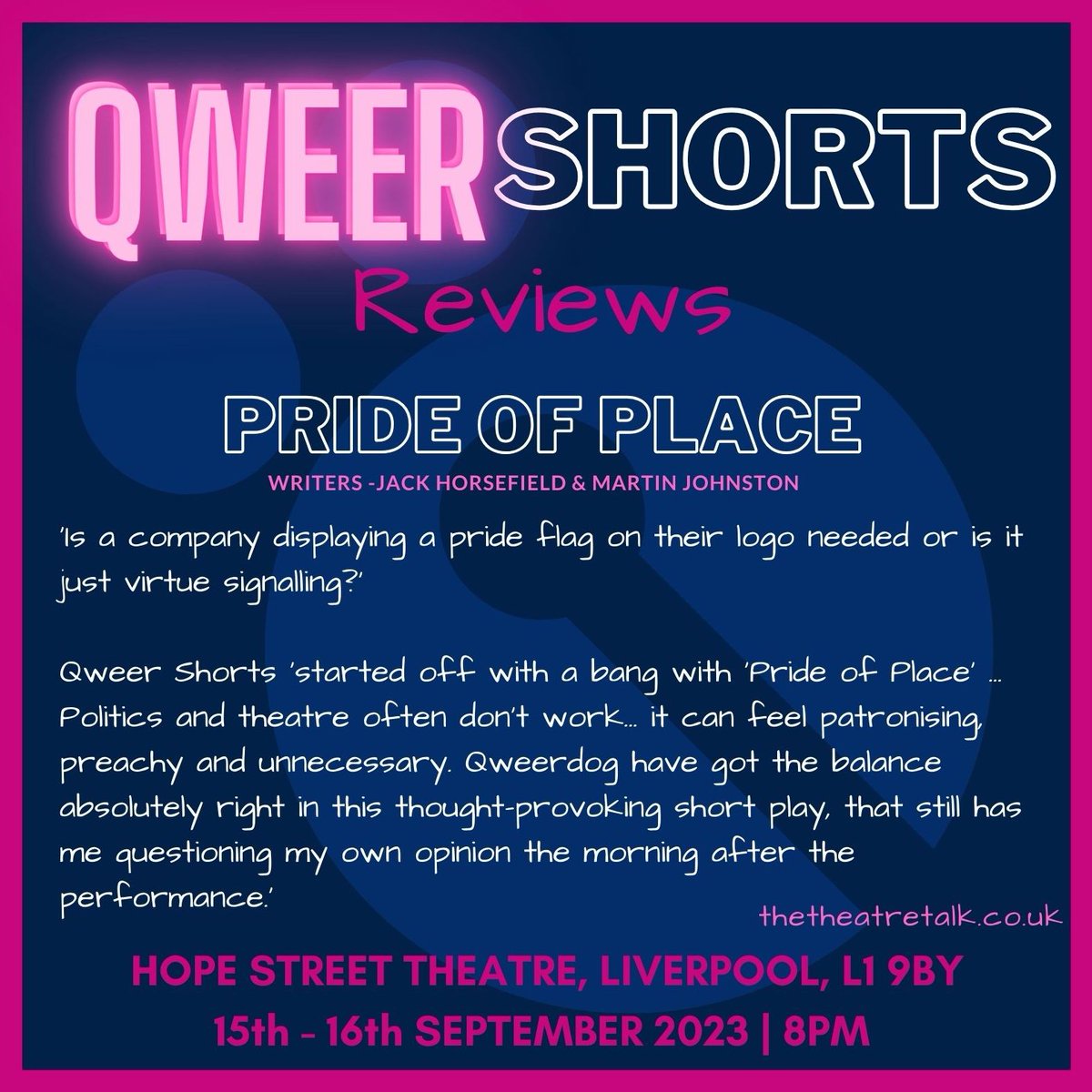 Here's what the reviews say about #QWEERSHORTS - first up PRIDE OF PLACE by <a href="/goodoldMJ/">Moscone Bail Bonds</a> &amp; <a href="/horsefield_jack/">.</a> -
'leaves you laughing, as well as thinking'
🏳️‍🌈
Join us <a href="/HopeSt_Theatre/">TheHopeStreetTheatre</a> Liverpool, 15&amp;16th Sep, and see for yourself!
bit.ly/QweerShorts-Li…
