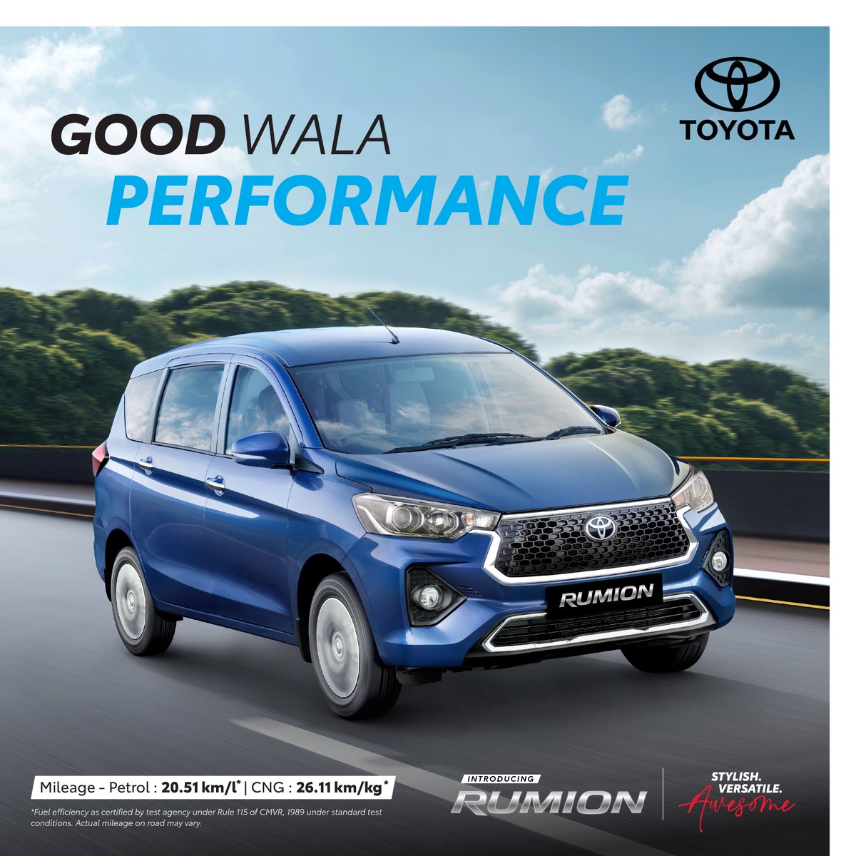Toyota_India's tweet photo. Experience the thrill of efficient driving with the all-new #ToyotaRumion. Enjoy the benefits of higher fuel efficiency with the Toyota Rumion. Know more: https://t.co/cpqlRWAmUE #GoodWalaVibe #GoodWalaPerformance #ToyotaIndia #Awesome https://t.co/DXngUsdF4d