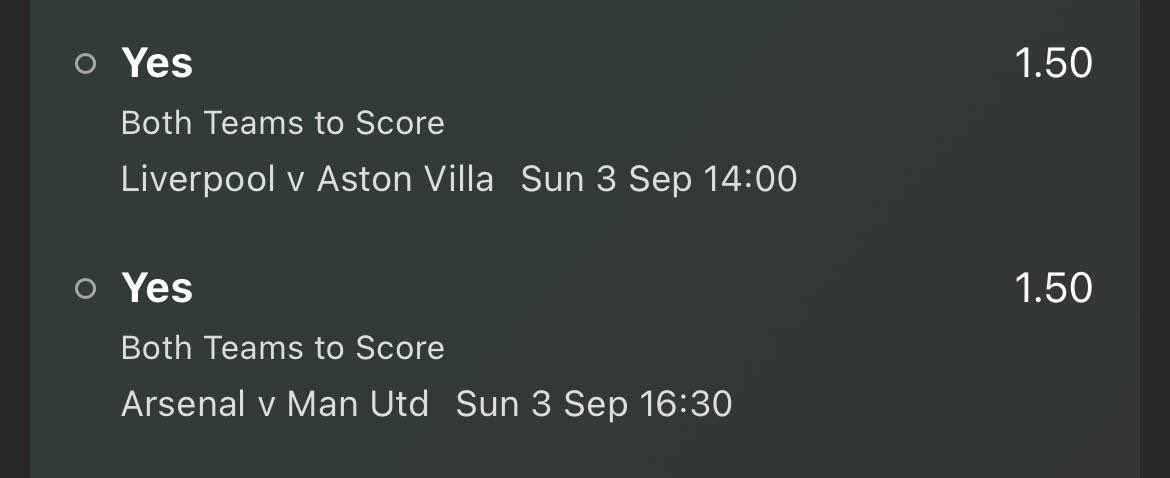 DiscreteTipster's tweet photo. โฝ๏ธ #DiscreteFreePreMatchBet
๐ Sunday 3rd September.
๐ด๓ ง๓ ข๓ ฅ๓ ฎ๓ ง๓ ฟ Liverpool vs Aston Villa.
๐ด๓ ง๓ ข๓ ฅ๓ ฎ๓ ง๓ ฟ Arsenal vs Man United.
๐ DOUBLE: 2.25 (Bet365) - 1 Unit. https://t.co/QqNbJeI7S1