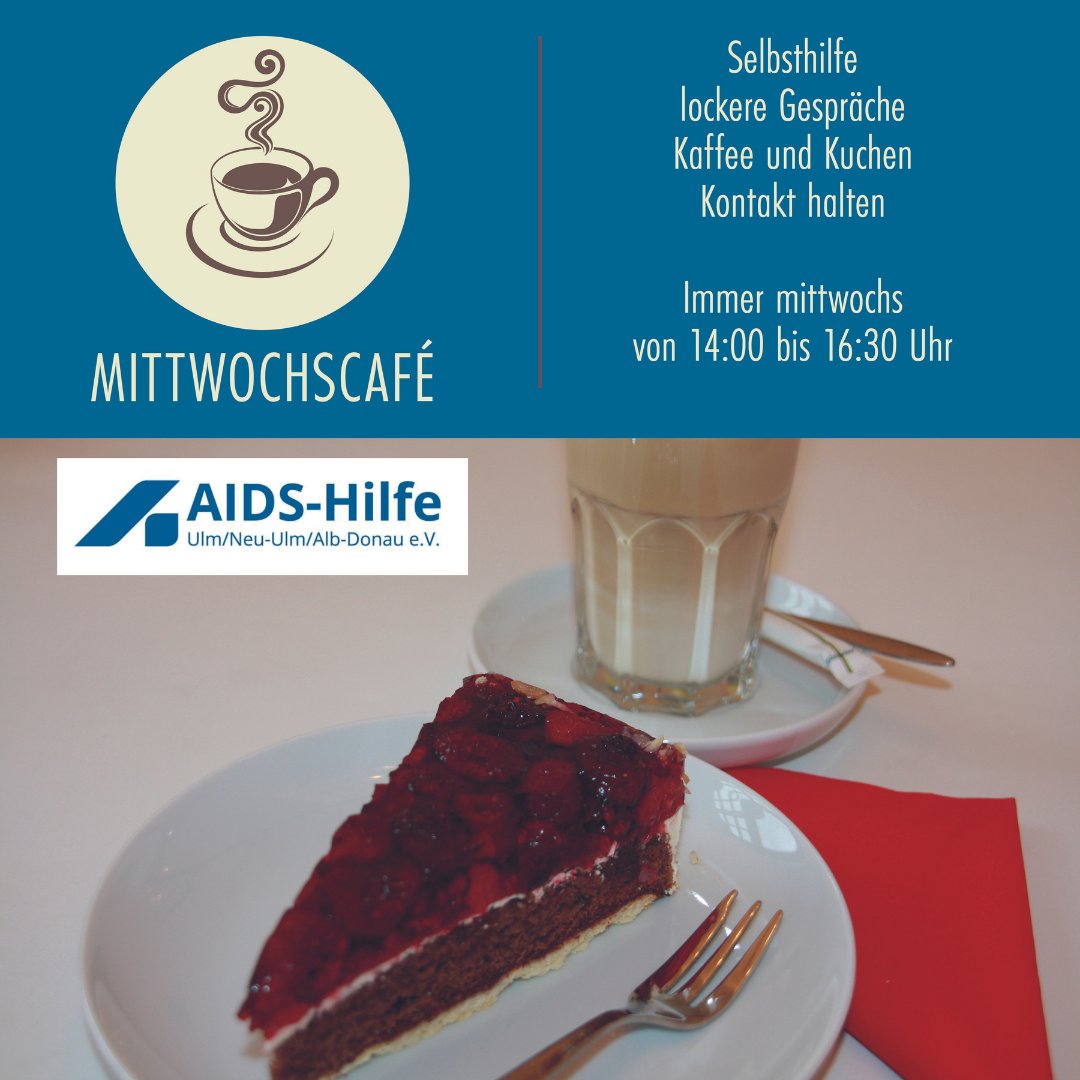 AIDSHilfeUlm's tweet photo. Mittwochscafé. Anmeldung erforderlich bis Dienstag per Mail an mittwochscafe@aidshilfe-ulm.de. Wir freuen uns auf euch! 

#ulm #neuulm #albdonau #aidshilfeulm #selbsthilfegruppe #selbsthilfe #hiv #aids #angehörige #angehörigenhilfe @deutscheaidshilfe @aidshilfebw https://t.co/EMDOFBTGbI