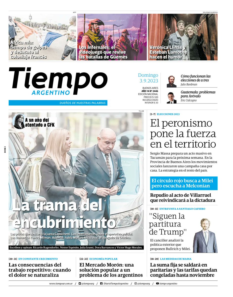 tiempoarg's tweet photo. Esta es la tapa de Tiempo 📰
⠀
En la edición de hoy:
⠀
▪️La trama del encubrimiento
▪️África: tiempo de golpes al coloniaje
▪Videojuego Los Infernales
▪️Entrevista a Verónica Llinas y Esteban Lamothe

Buscá #TiempoArgentino en el kiosco👍

¡Asociate!📷 https://t.co/70ljnhaZgu https://t.co/KQkWkCz27V