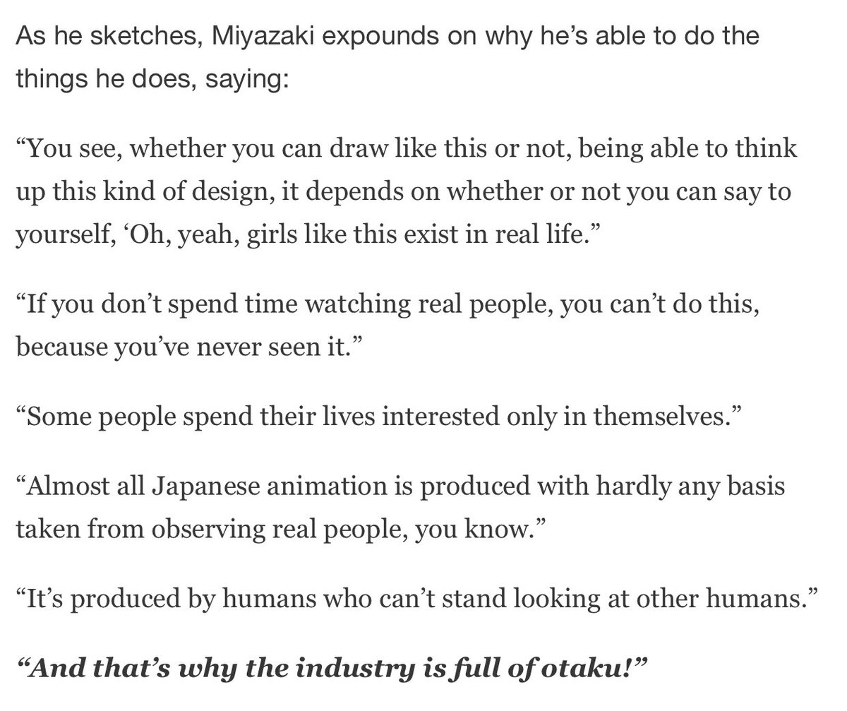 TheOtaking's tweet photo. Hayao Miyazaki's opinion about the presence of otakus in the anime industry and how it makes the shows less realistic. https://t.co/S5bCagpsDf