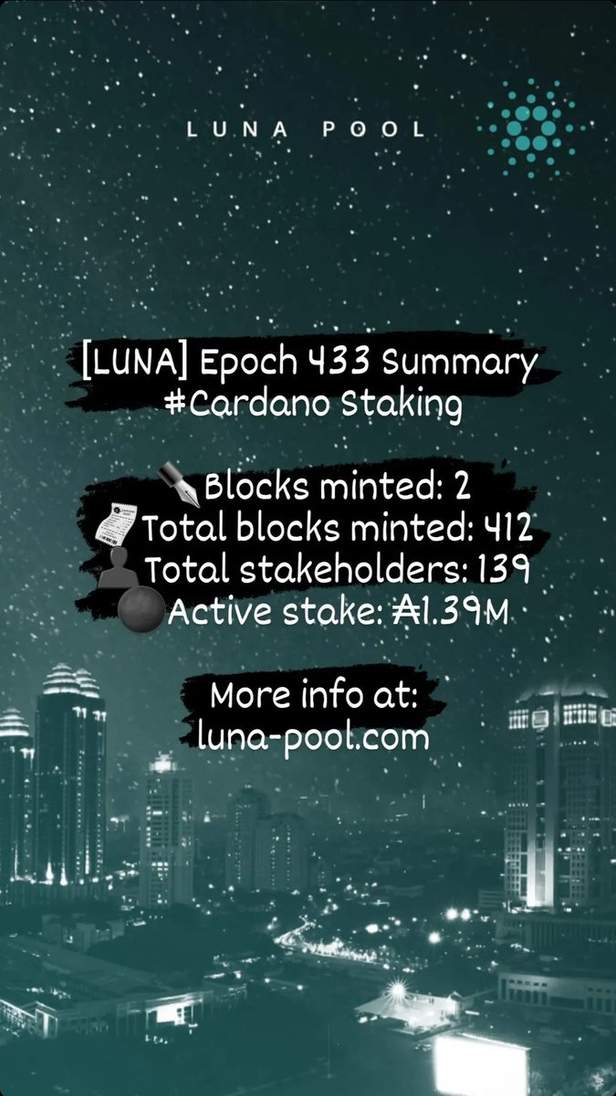 Epoch 433 summary 
#Cardano staking 

Welcome staking!
More info at:
luna-pool.com