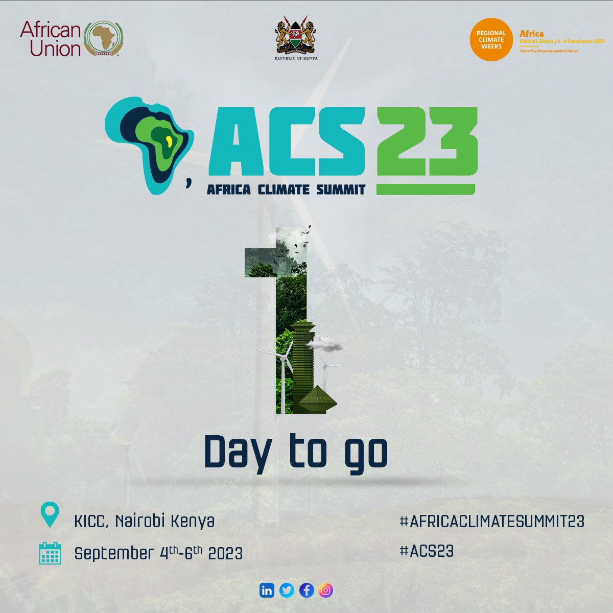 Less than 24 hours to go to #ACS23 and Africa Climate Week. Convened by <a href="/_AfricanUnion/">African Union</a> and hosted by the Government Of Kenya under the <a href="/Environment_Ke/">Ministry of Environment, Climate Change & Forestry</a>

The amazing <a href="/KICC_kenya/">KICC_Kenya</a> in Nairobi will be filled with African leaders, visionaries, innovators and climate change advocates