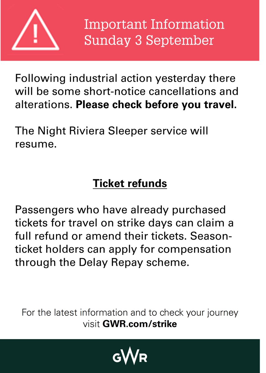 GWRHelp's tweet photo. ⚠️ Industrial action update - Sunday 3 September ⚠️

For up to date information 👉 https://t.co/zY2GhrDkQA

To check your journey 👉 https://t.co/SPb0FMX9cL https://t.co/5OP1GSuFtM
