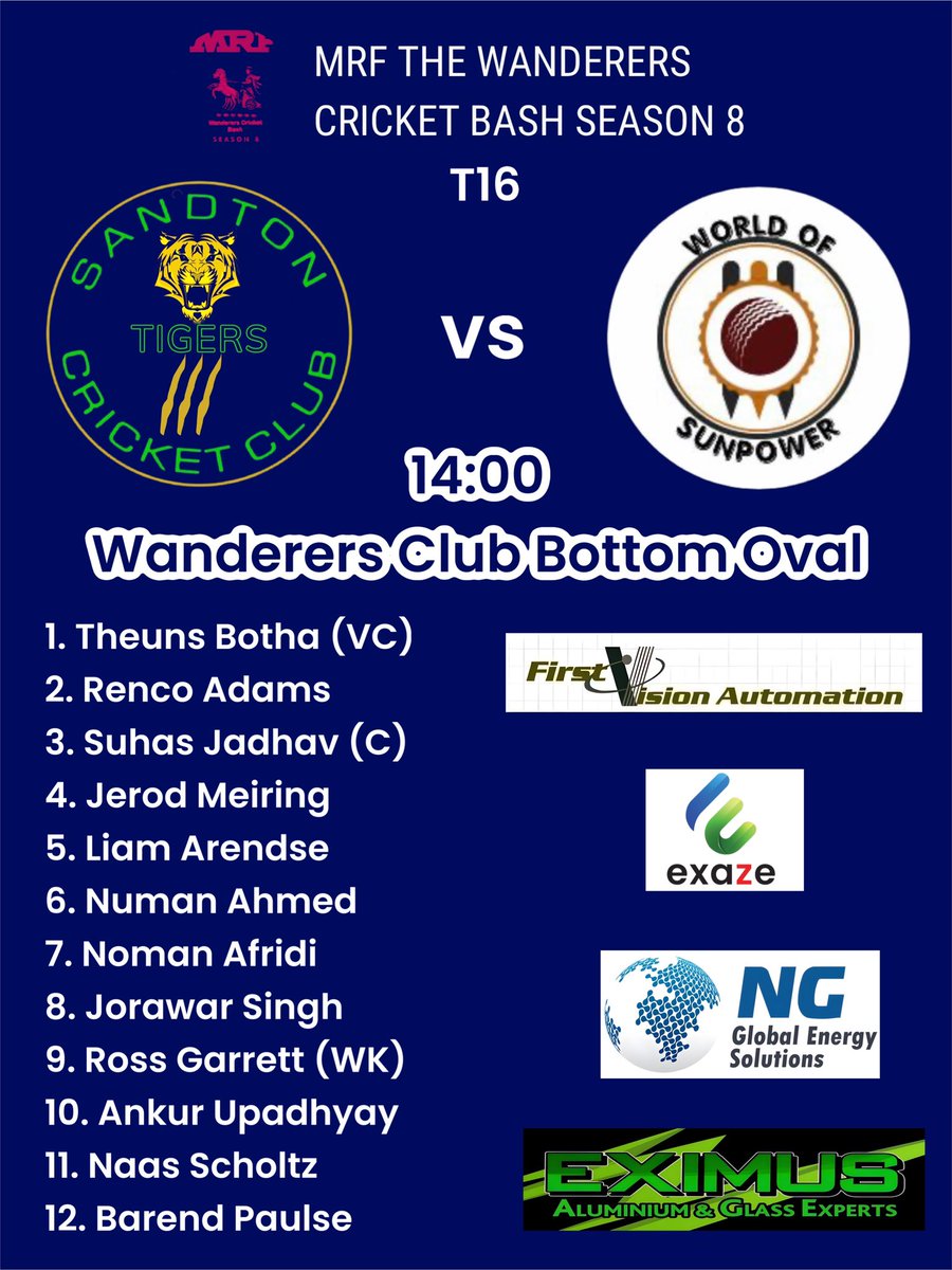 SandtonTigers's tweet photo. The Tigers will be action in Wanderers Cricket Club T16 Bash today. 
A double header awaits us at The Wanderers Sports Club Bottom Oval. 

Good luck gents! 

#GoTigers
#RoarOn
#roarlouder
#tigersforlife https://t.co/50MJmYt9kv