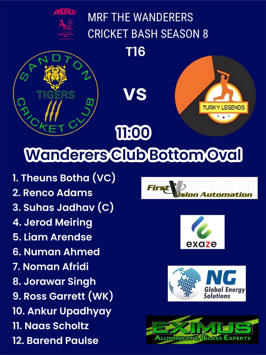 SandtonTigers's tweet photo. The Tigers will be action in Wanderers Cricket Club T16 Bash today. 
A double header awaits us at The Wanderers Sports Club Bottom Oval. 

Good luck gents! 

#GoTigers
#RoarOn
#roarlouder
#tigersforlife https://t.co/50MJmYt9kv