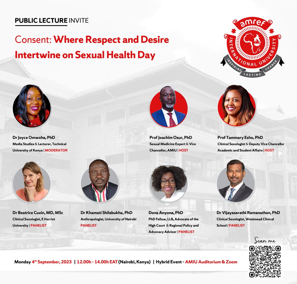 Webinar Invitation
This Monday 4th Sept 2023 on #SexualHealthDay join the conversation on where respect and desire intertwine. Time 12h00 - 14h00 EAT.  Register now, scan the poster or follow this link buff.ly/3L7tMAu
#WSHD2023
#Consent2023
#HumanSexuality