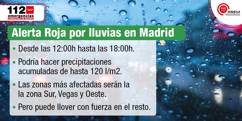112cmadrid's tweet photo. Avisados ayuntamientos y organismos del nivel rojo por precipitaciones decretado por @AEMET_Madrid. 

Hay que evitar desplazamientos innecesarios porque las lluvias pueden ser de hasta 120 l/m2. 

#ASEM112 https://t.co/8BMUhqDcAC