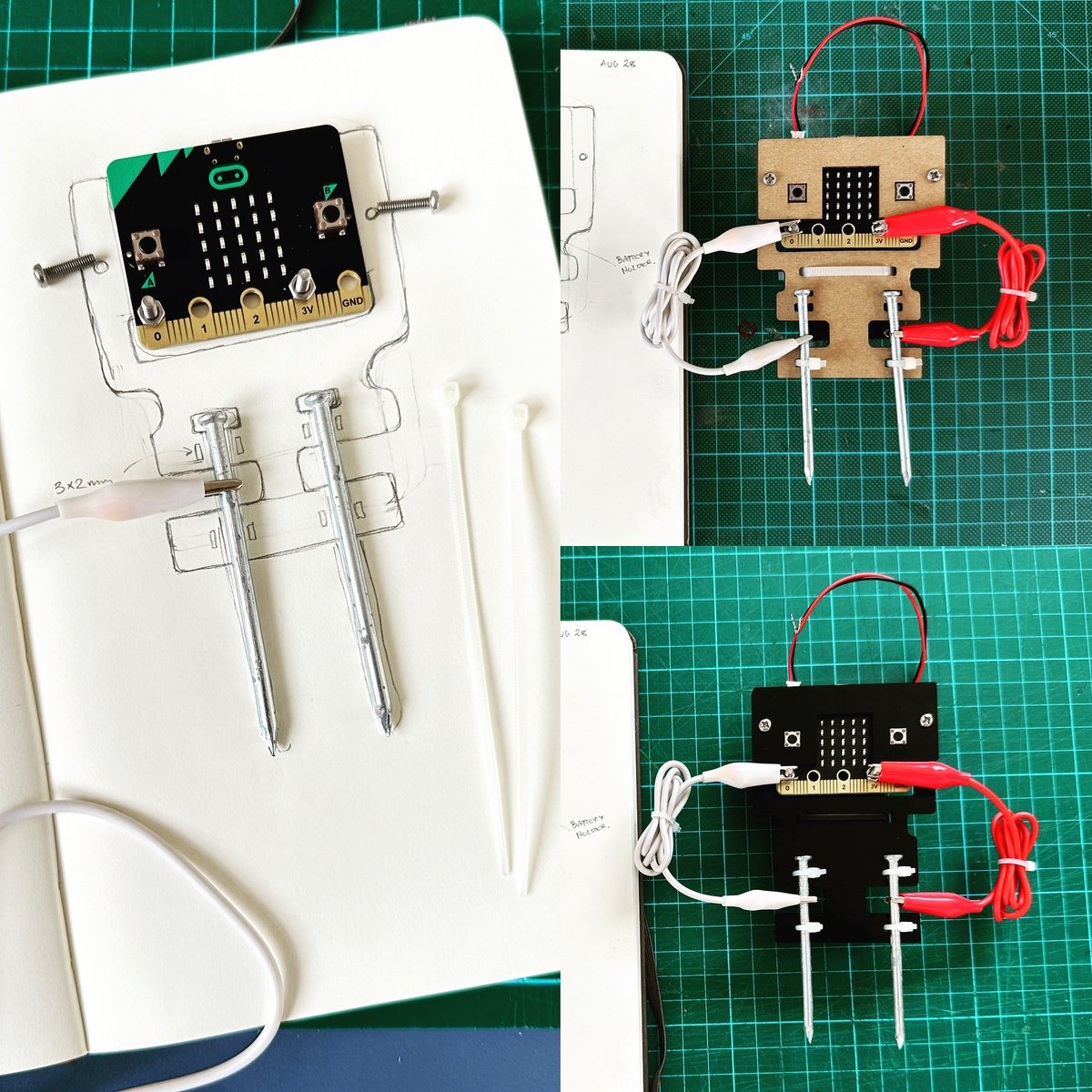 I’m using this image to talk to students about the prototyping process I use - 1 draw and revise - 2 cheap recycled materials check fit and revise - 3 final product in high quality material. #makereducation #stemeducation #makerspace