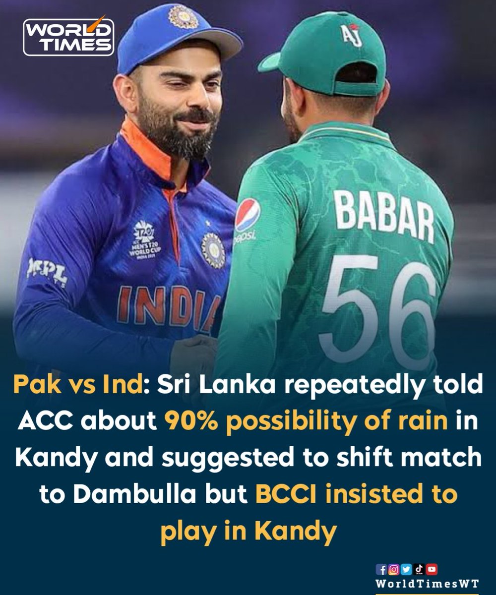 WorldTimesWT's tweet photo. Sri Lanka repeatedly told ACC about 90% possibility of rain  in Kandy on match day and suggested to shift the match to Dambulla but  BCCI insisted on playing the high voltage Pakistan vs India match in Kandy despite reports that it will be washed out. BCCI had threatened to boycott the tournament if venues weren't selected as per its wishes.

#Pakistan #India #INDvPAK #AsiaCup23