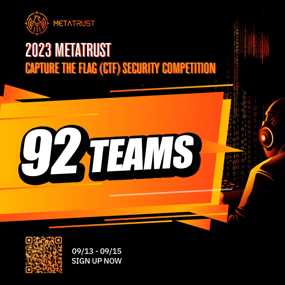 MetaTrustLabs's tweet image. You're competing with.....🥁🥁🥁
92 TEAMS 
in the MetaTrust Web3 Security CTF!

Thank you for your enthusiasm and participation!
Join the grand event to win $10,000 rewards👇
build.bewater.xyz/en/campaigns/28
#MetaTrust #CTF #Web3 #Token2049